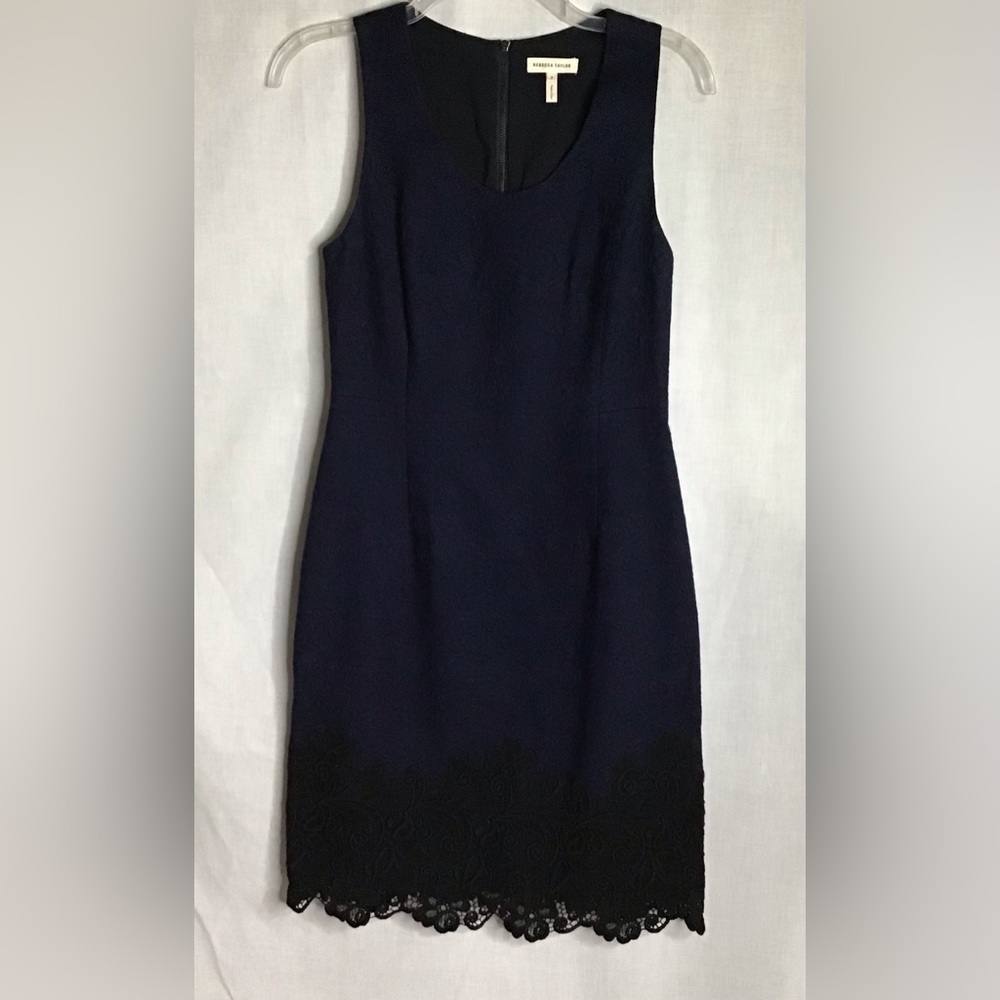 Rebecca Taylor Navy Blue Sleeveless Fit & Flare‎ W/ Black Lace Minimalist Fairy